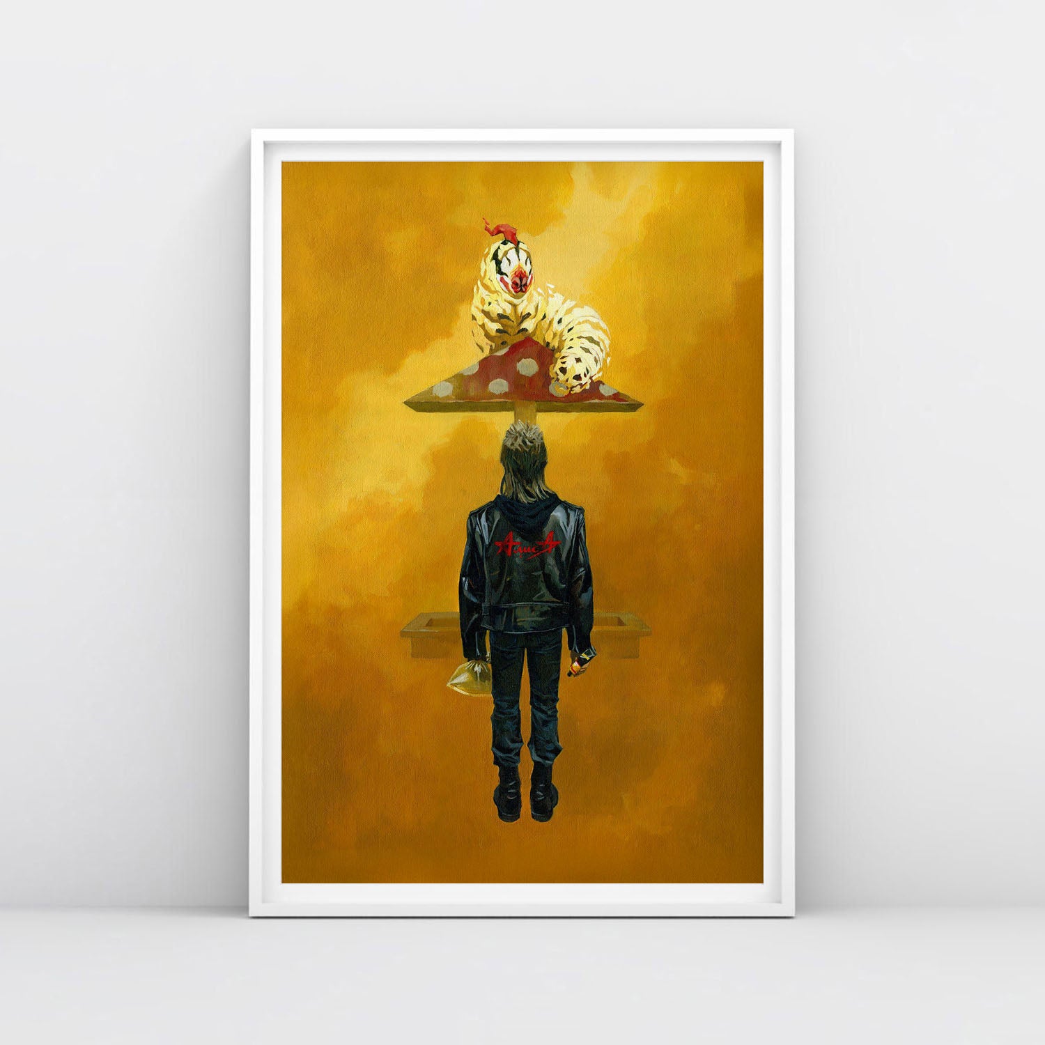 Large poster of 90s Russian punk boy in Alisa leather jacket holding glue and bag under surreal mushroom playground roof with caterpillar, symbolising drug escape in post-Soviet Russia