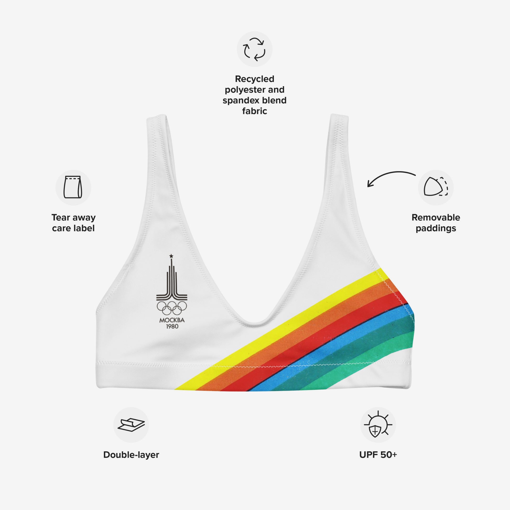 White retro Soviet Olympics bikini top with Moscow 1980 Olympic Games logo - table of benefits. From www.sovisual.art