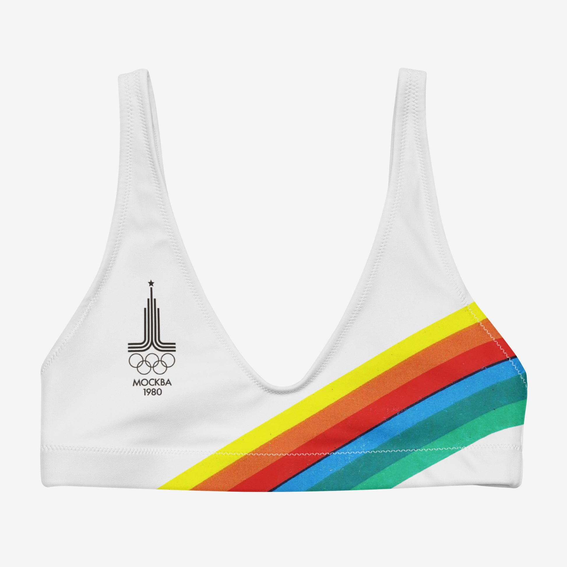 White retro Soviet Olympics bikini top with Moscow 1980 Olympic Games logo - front.  From www.sovisual.art