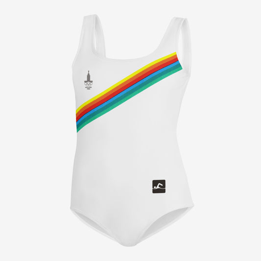 Vintage white Soviet Olympic Games youth one piece swimsuit with Moscow 1980 Olympic Games logo
