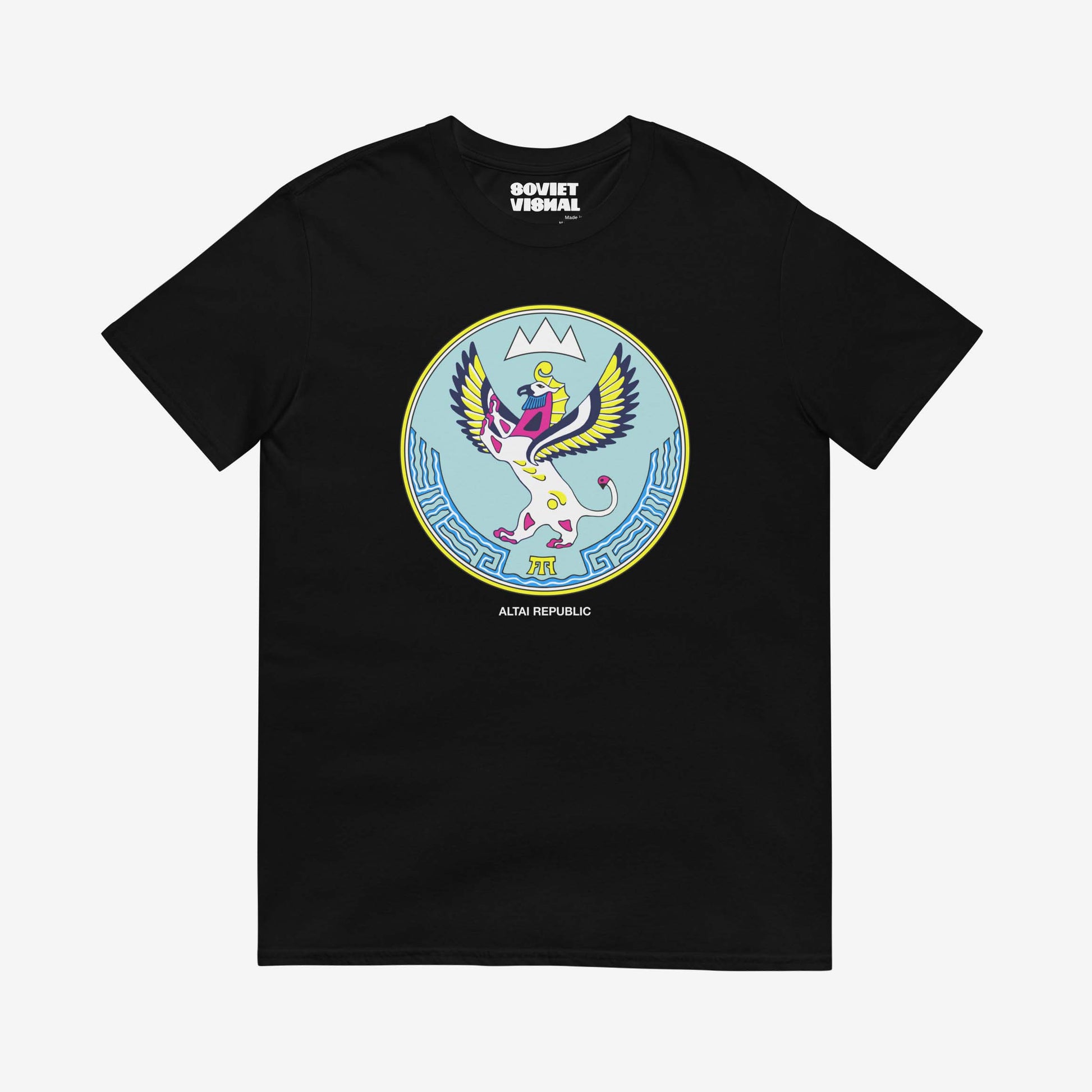 T-shirt featuring the Altai Republic coat of arms, a unique emblem with Russian and Soviet design influences. Rare and striking symbol.