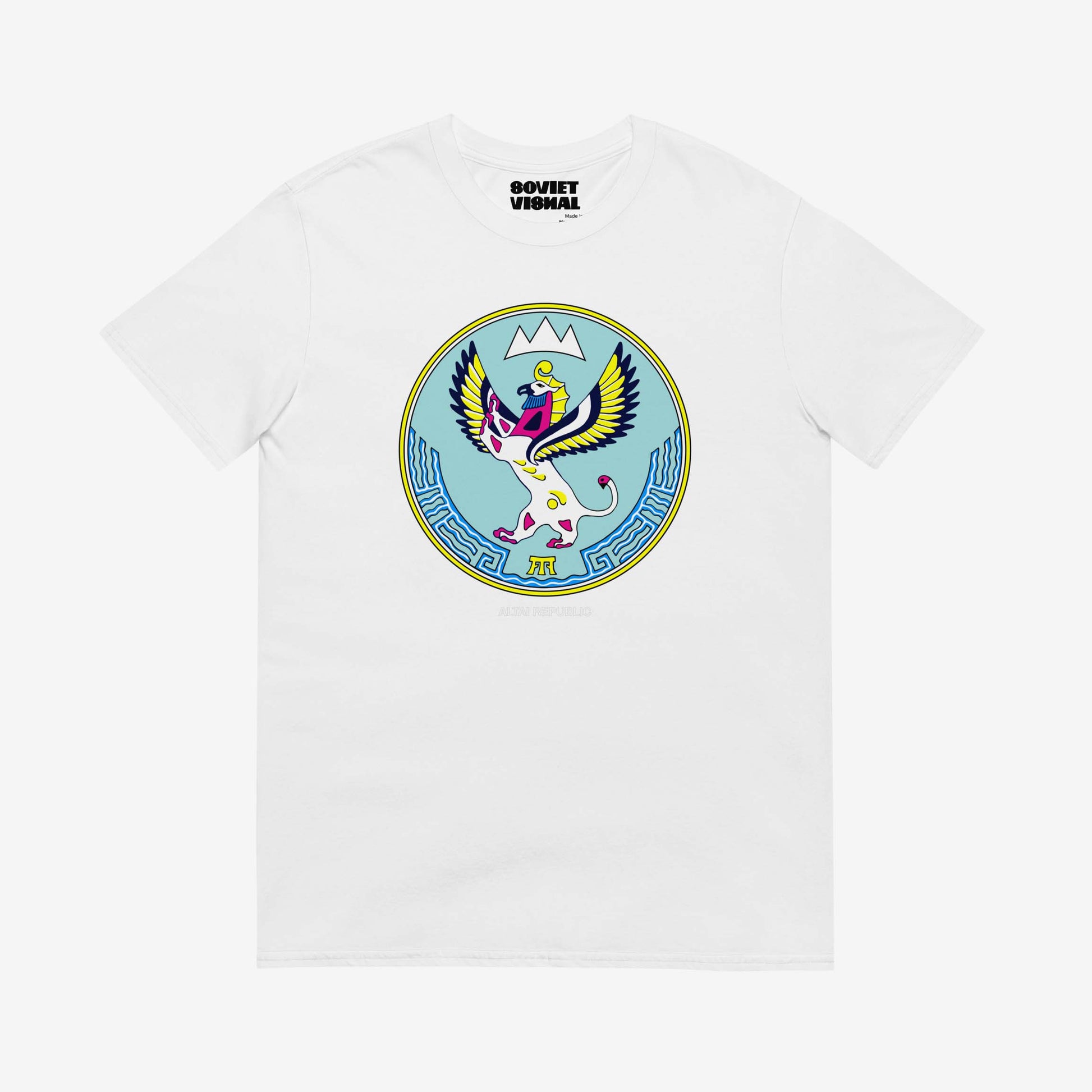 T-shirt featuring the Altai Republic coat of arms, a unique emblem with Russian and Soviet design influences. Rare and striking symbol.