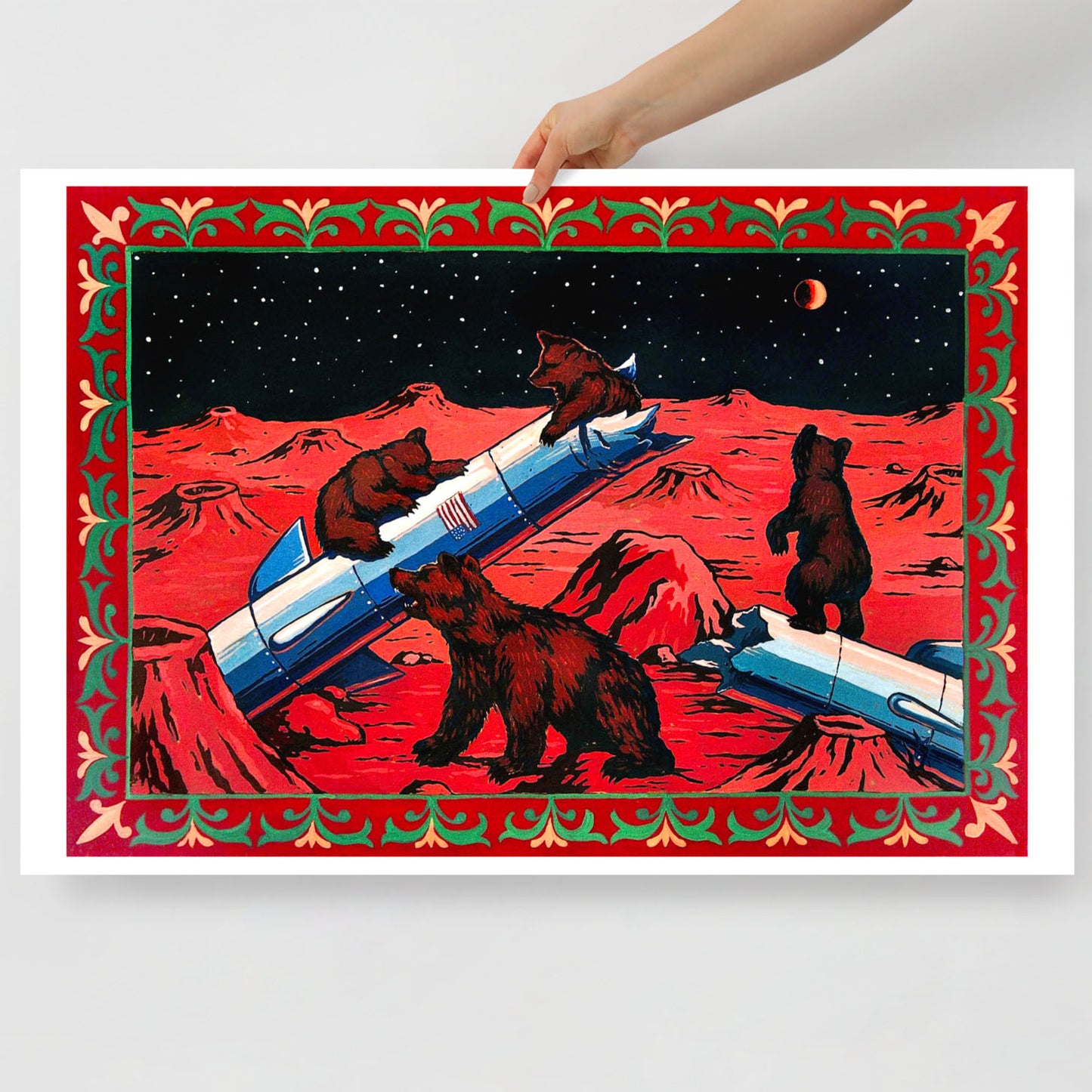 Bears on Mars poster – Soviet space parody of Shishkin’s pine forest painting, large 24×36″ print