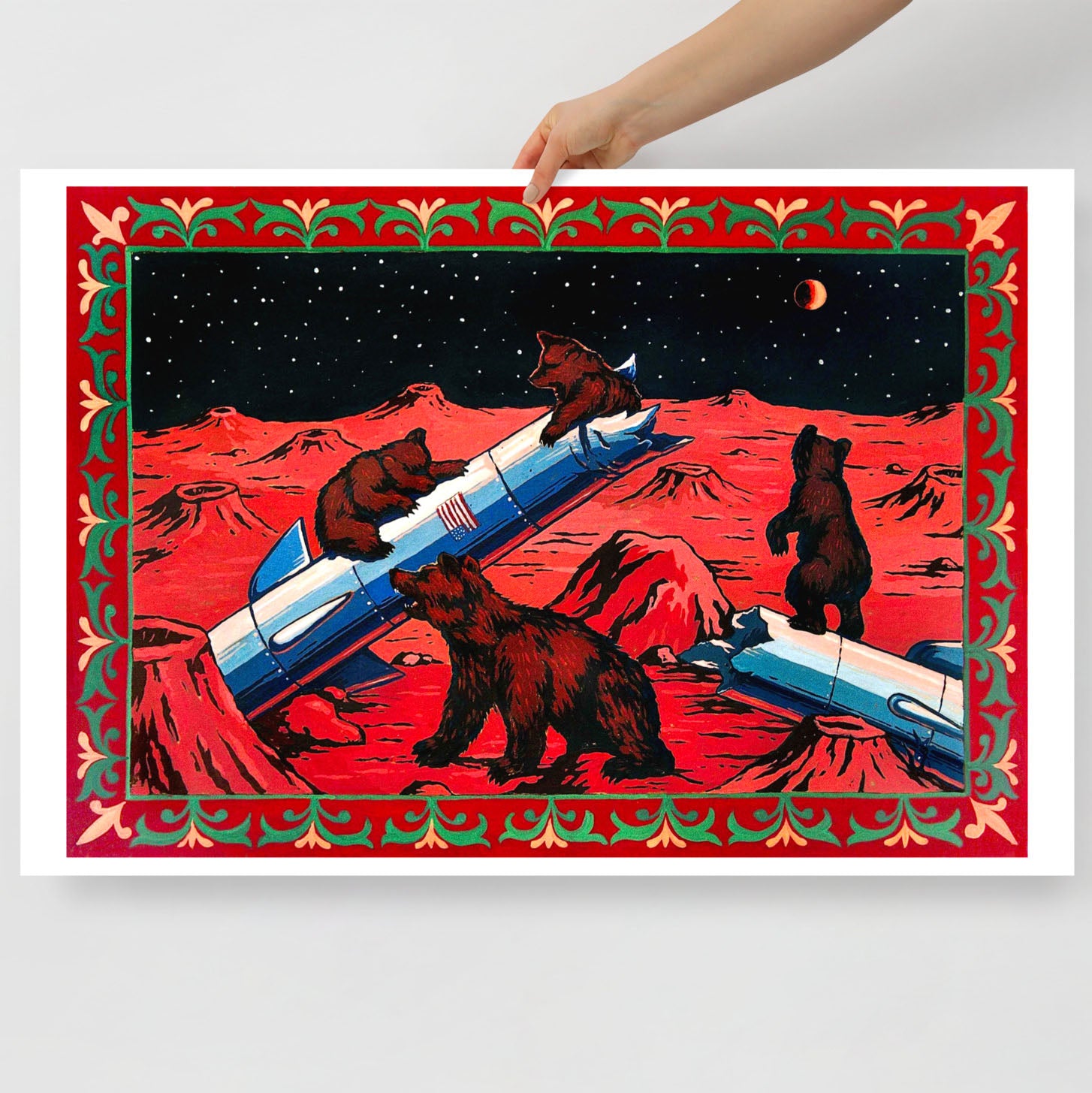 Bears on Mars poster – Soviet space parody of Shishkin’s pine forest painting, large 24×36″ print