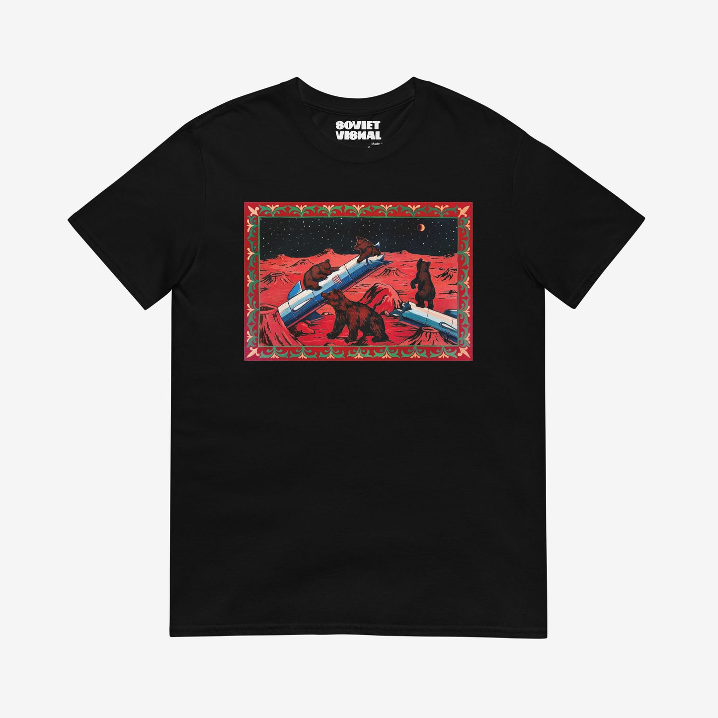 Unisex T-shirt with Bears on Mars Soviet-style cosmonaut bear artwork (Shishkin Bears in forest)