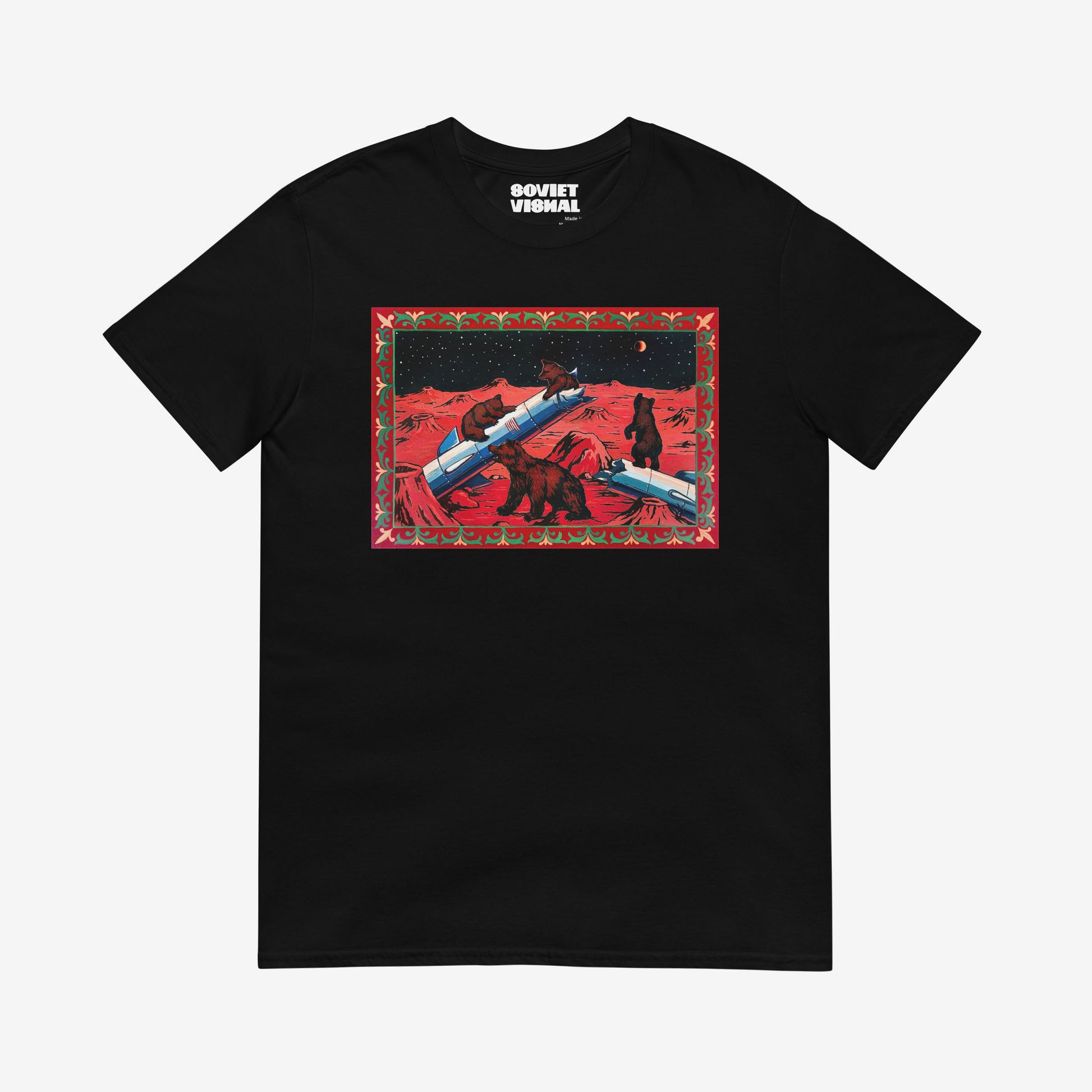 Unisex T-shirt with Bears on Mars Soviet-style cosmonaut bear artwork (Shishkin Bears in forest)