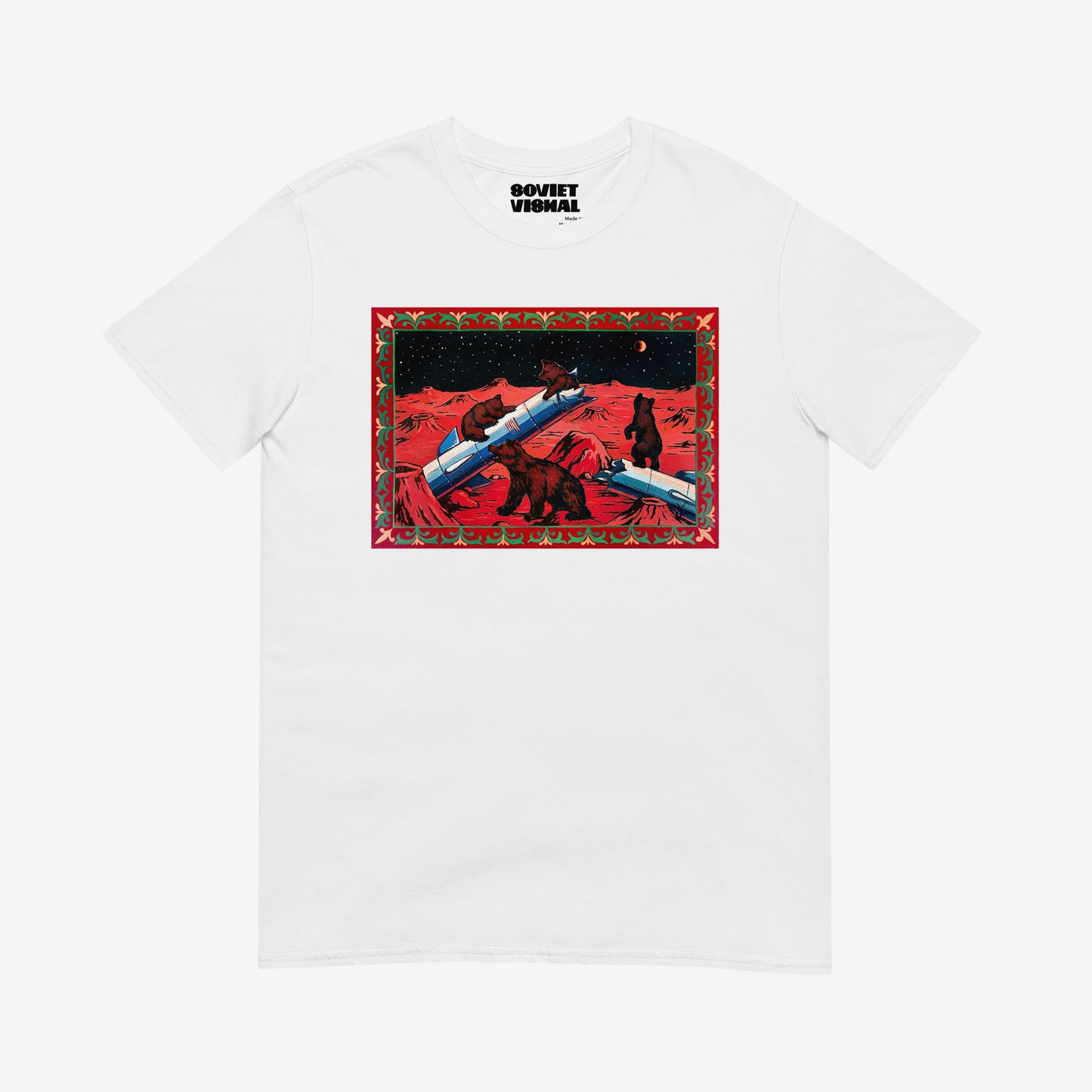 Unisex T-shirt with Bears on Mars Soviet-style cosmonaut bear artwork (Shishkin Bears in forest)