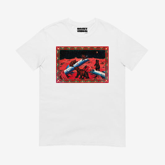 Unisex T-shirt with Bears on Mars Soviet-style cosmonaut bear artwork (Shishkin Bears in forest)