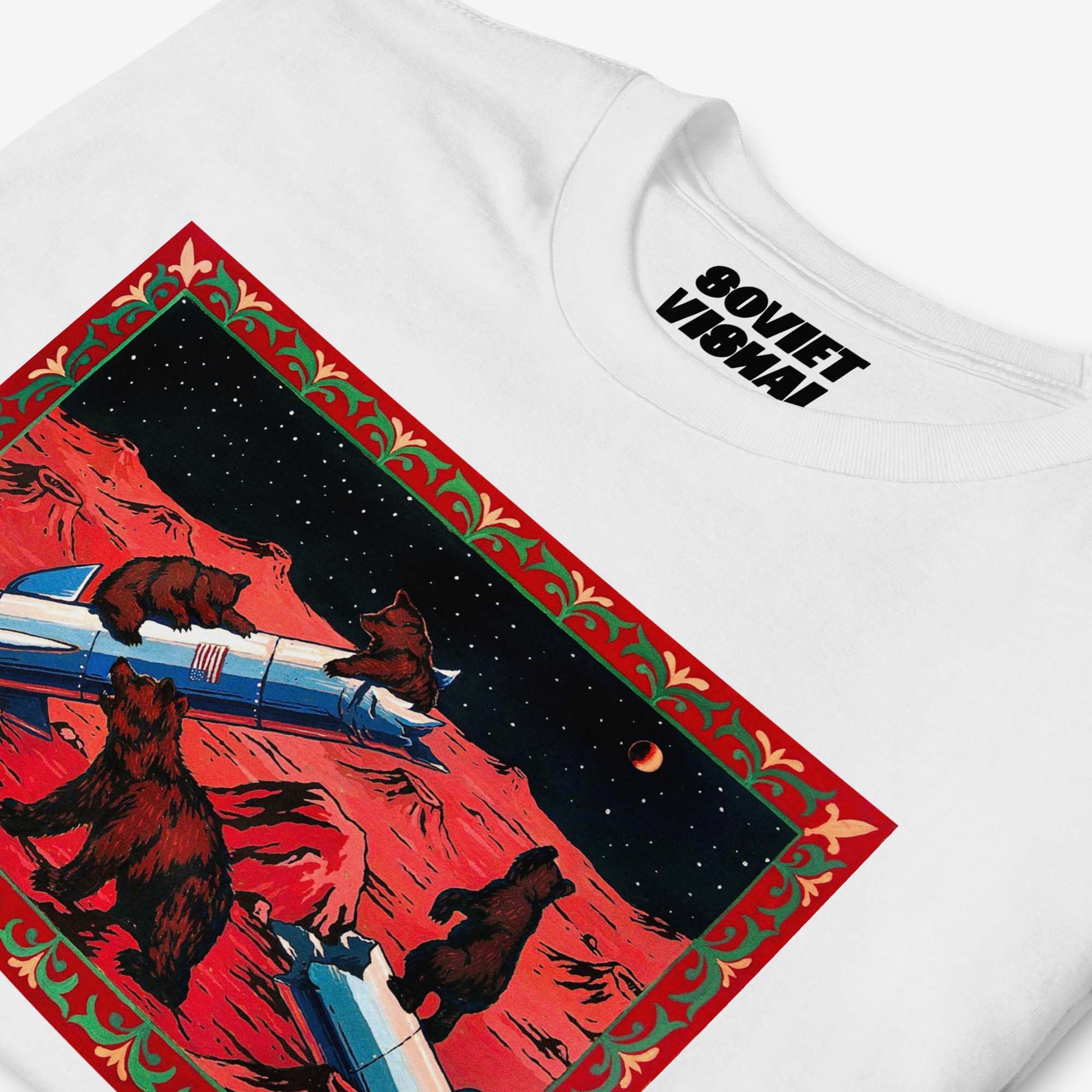 Unisex T-shirt with Bears on Mars Soviet-style cosmonaut bear artwork (Shishkin Bears in forest)