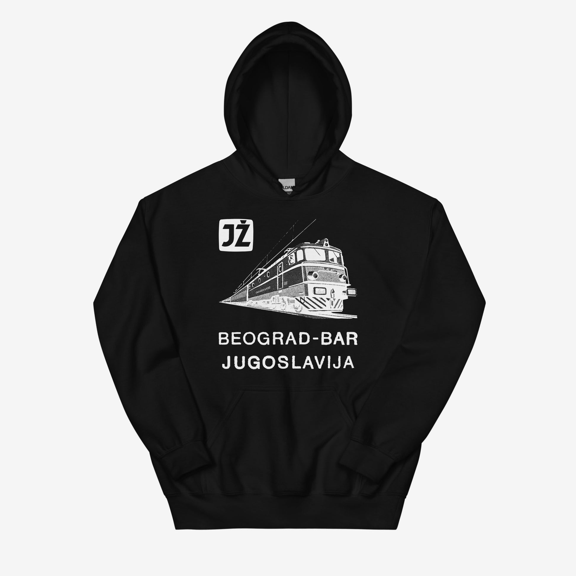 Beograd-Bar Yugoslavia JŽ railway hoodie featuring historic train logo.