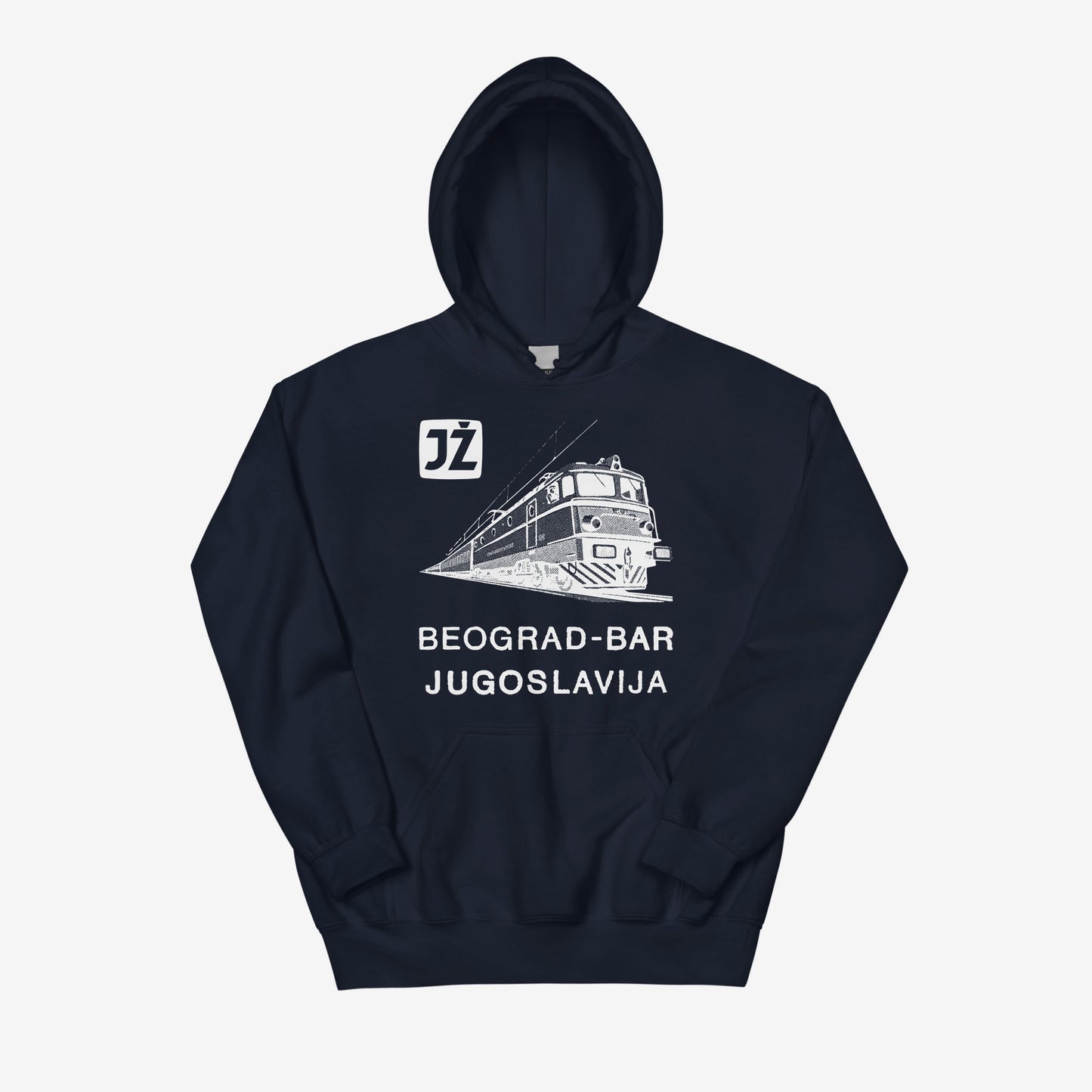 Beograd-Bar Yugoslavia JŽ railway hoodie featuring historic train logo.