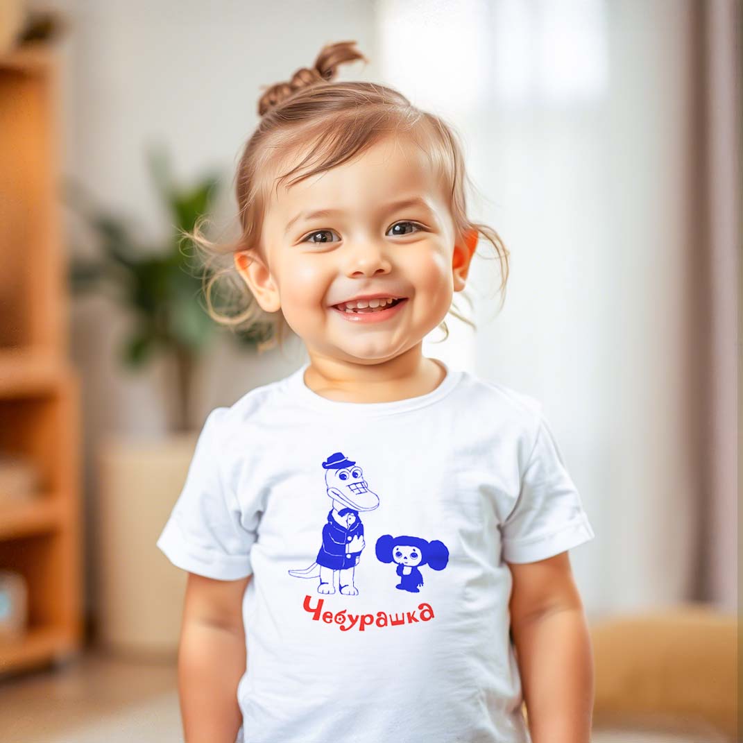 Baby T-shirt featuring a high-quality print of Cheburashka and Gena the Crocodile, classic Soviet cartoon characters.