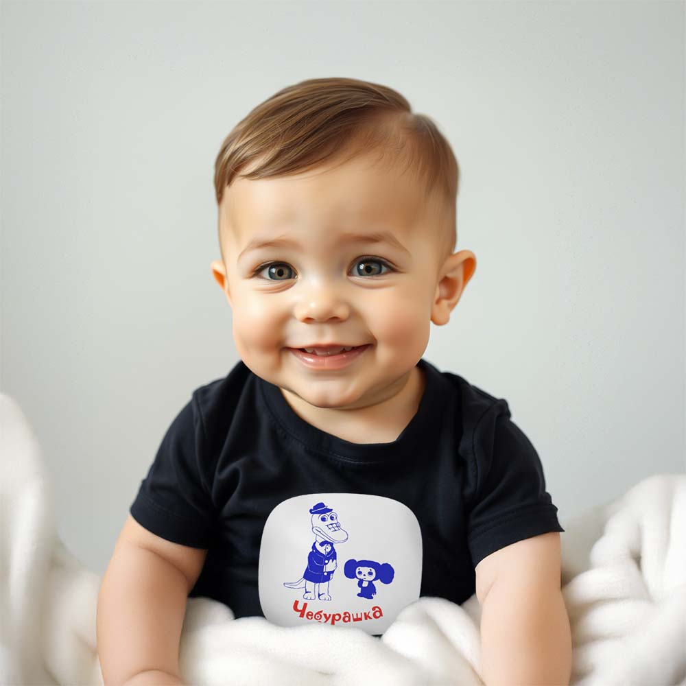 Baby T-shirt featuring a high-quality print of Cheburashka and Gena the Crocodile, classic Soviet cartoon characters.