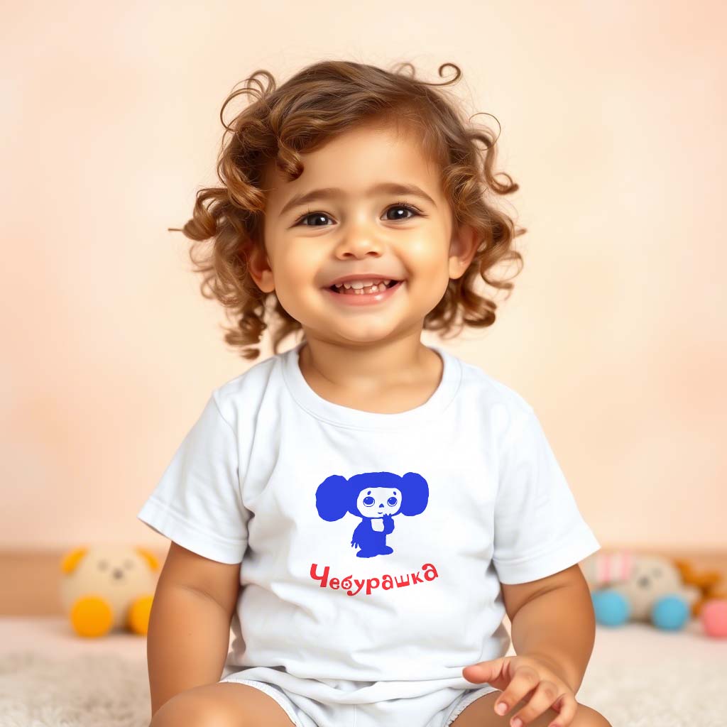 Baby T-shirt with a shy, cute Cheburashka illustration in a high-quality print.