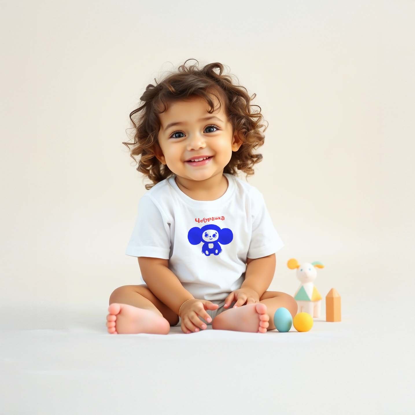 Baby T-shirt featuring a cute Cheburashka illustration in a high-quality print.