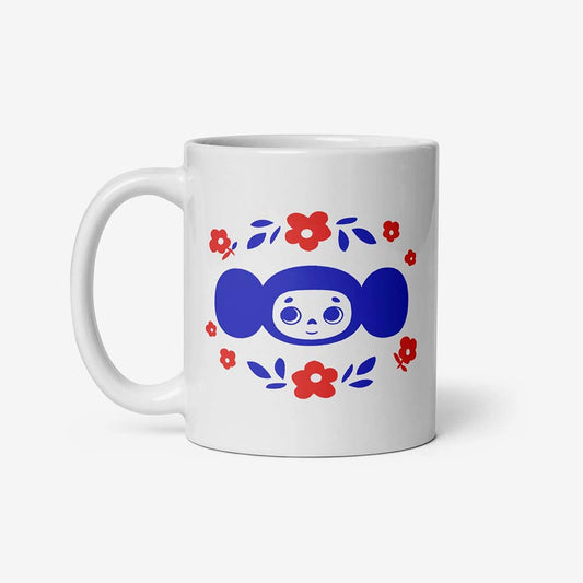 Cheburashka ceramic mug featuring the classic Soviet cartoon character Cheburashka with flowers, inspired by vintage USSR animation.