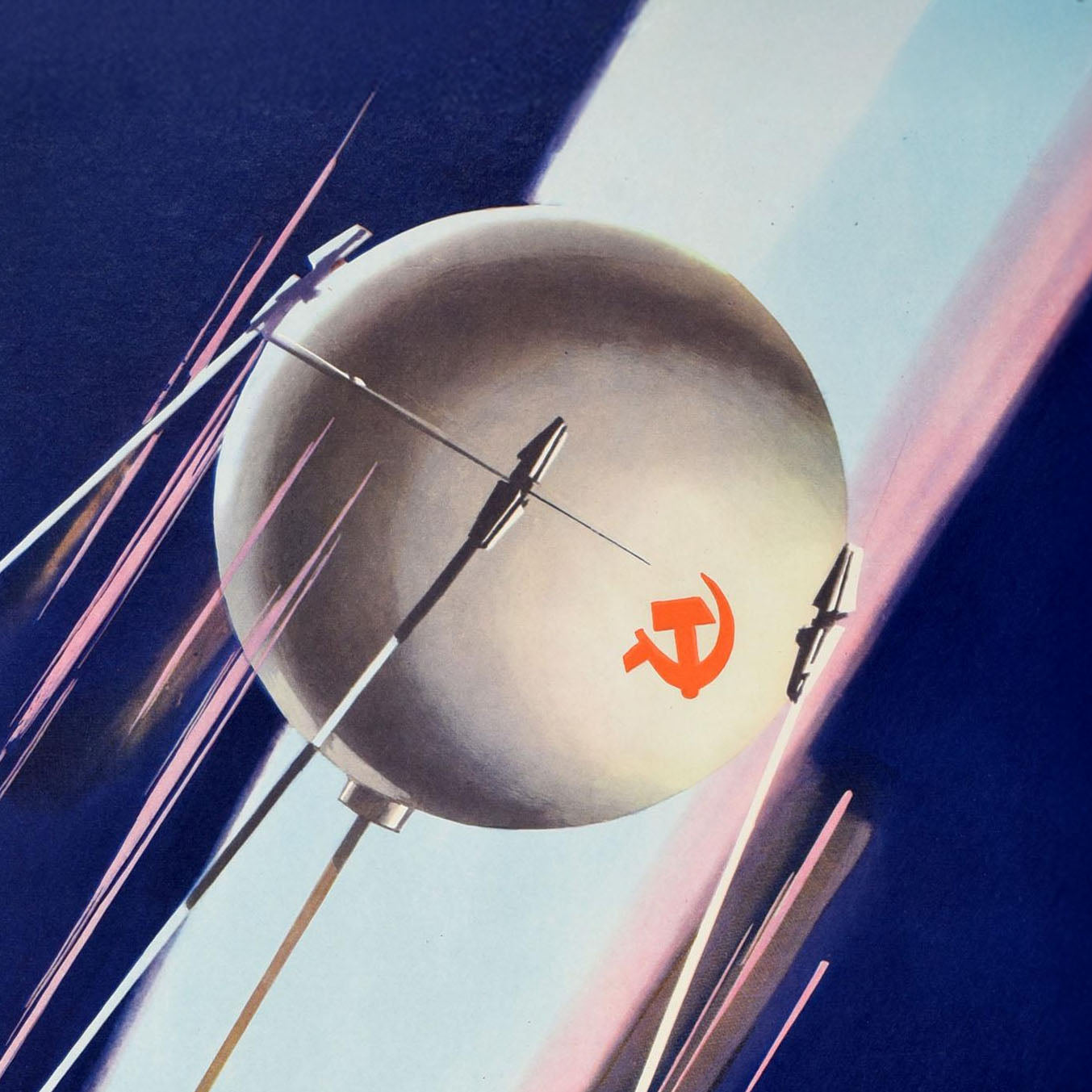 Soviet space propaganda poster featuring Sputnik launching into space with the text "Motherland of Cosmonautics."