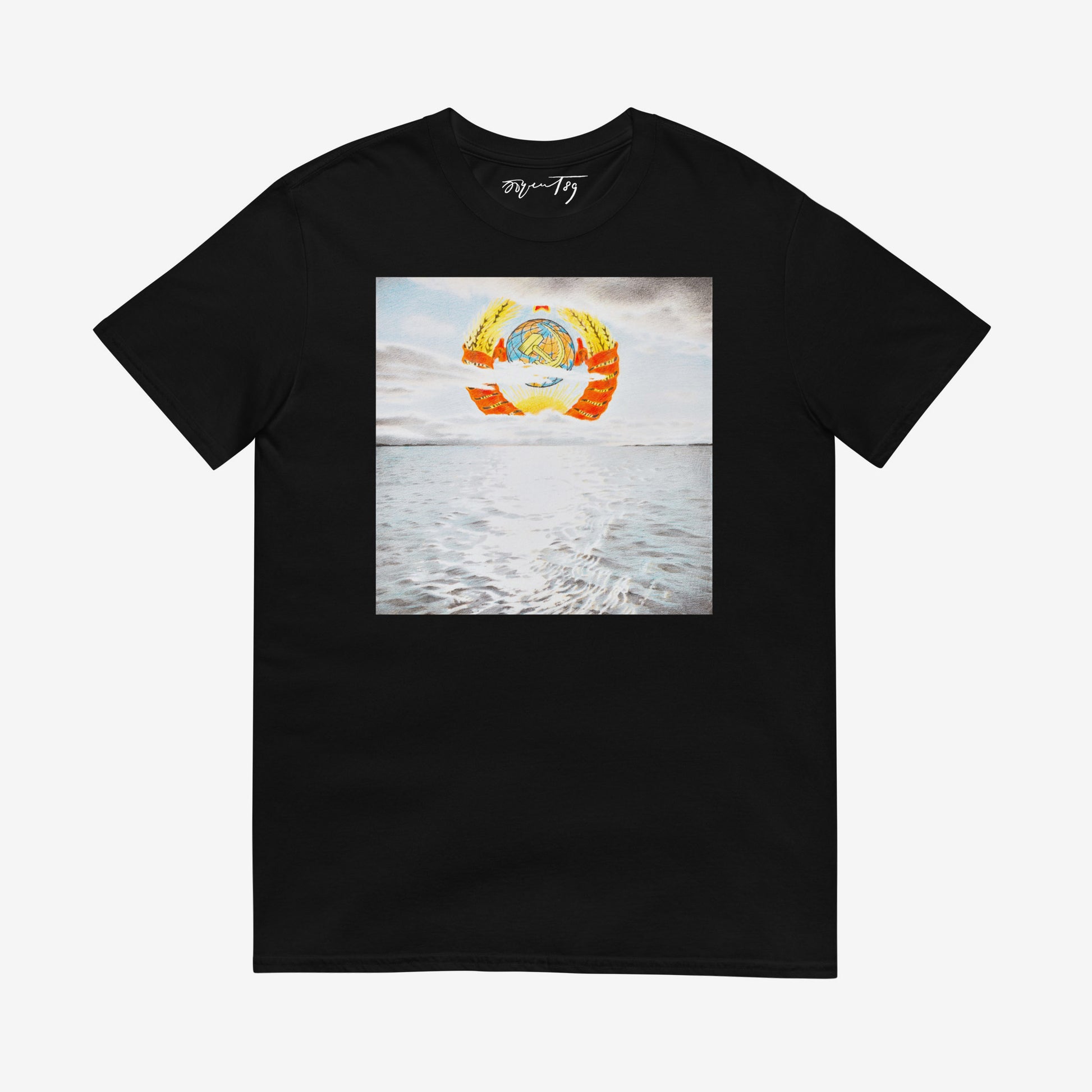 Black T-shirt showcasing Eric Bulatov's 1989 artwork of the USSR emblem rising through clouds above the sea