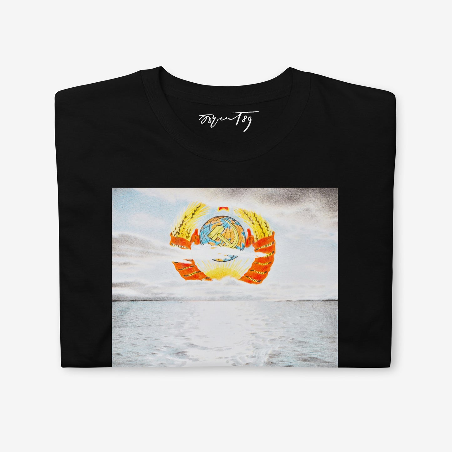 Folded black T-shirt displaying the iconic USSR emblem design and signature neck label