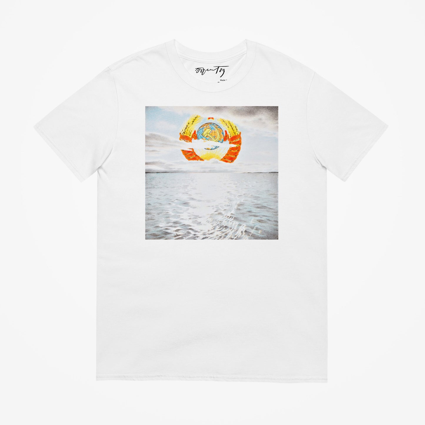 White T-shirt featuring Eric Bulatov's 1989 artwork of the USSR state emblem rising above the sea through clouds