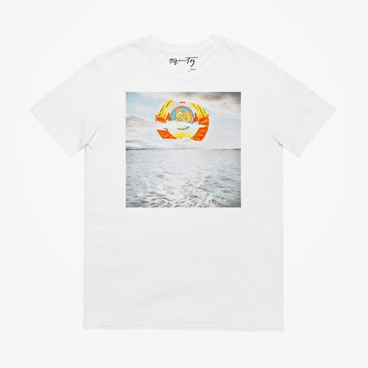 White T-shirt featuring Eric Bulatov's 1989 artwork of the USSR state emblem rising above the sea through clouds