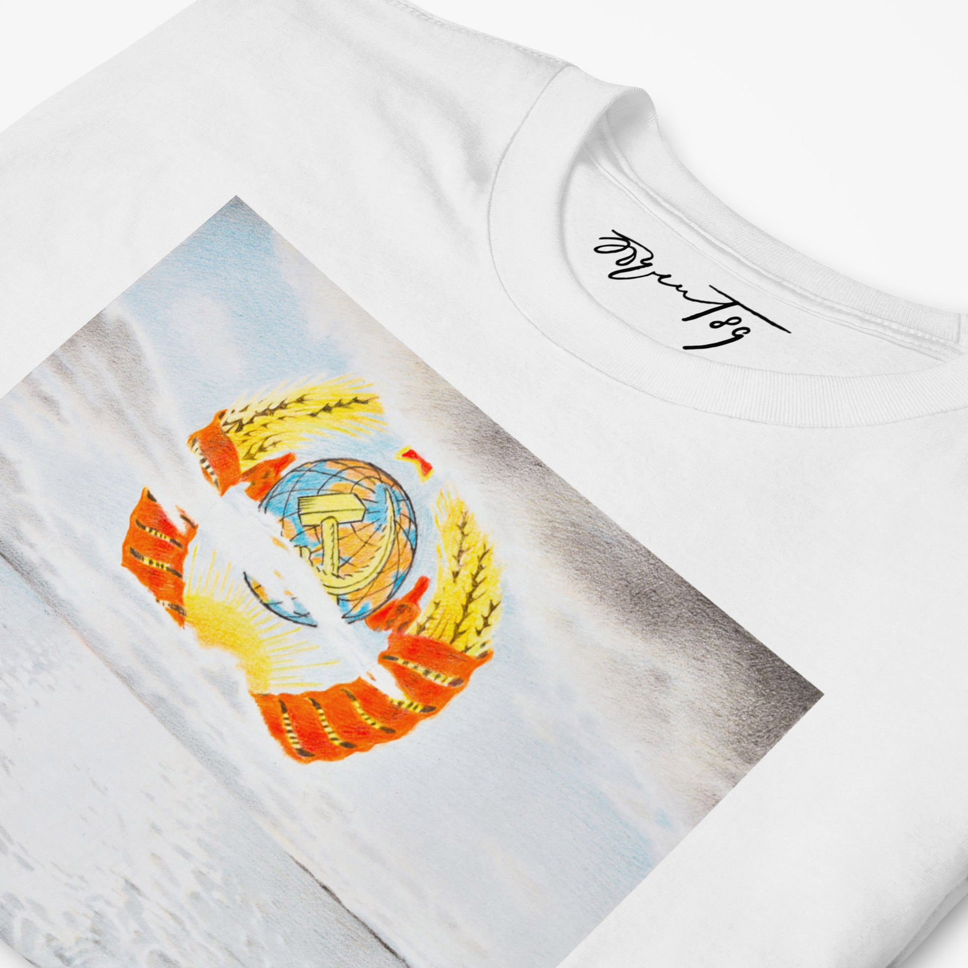 Close-up of Eric Bulatov's artwork on a white T-shirt, showcasing the USSR emblem and intricate cloud details