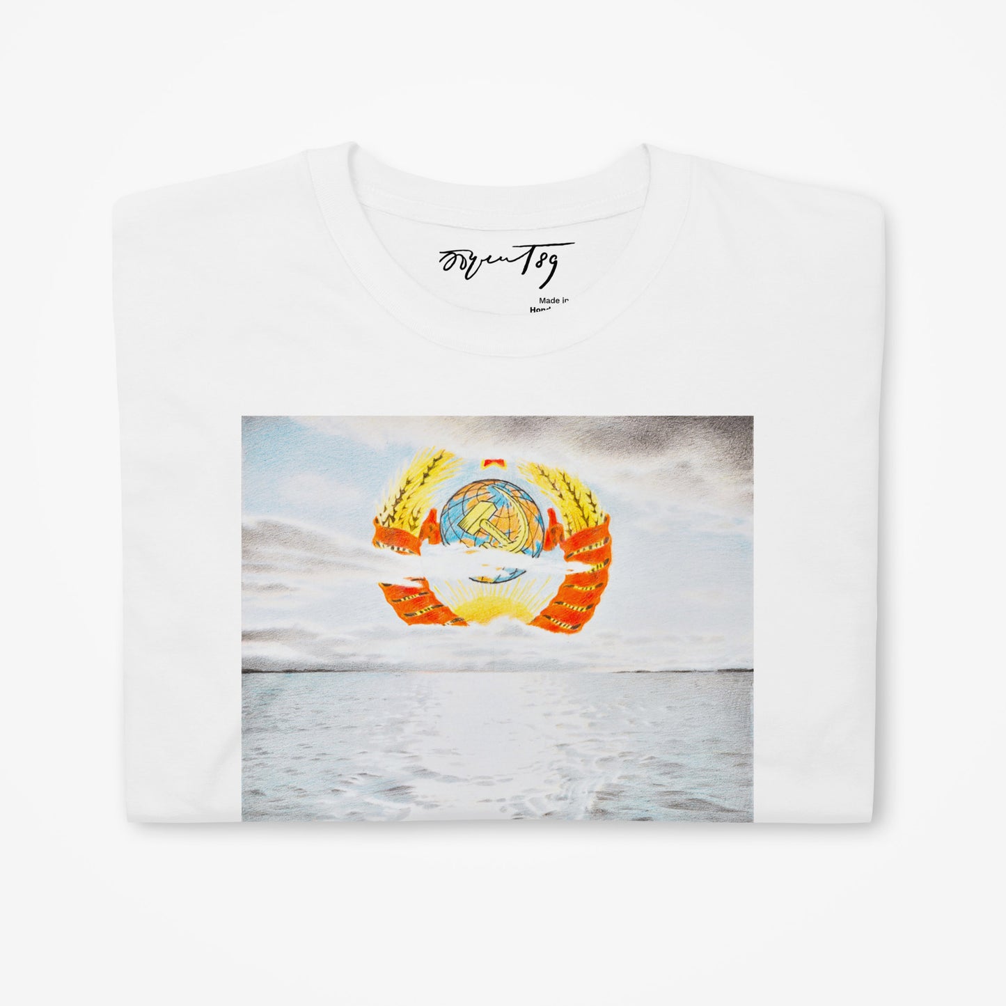Folded white T-shirt with visible USSR emblem artwork and signature neck label