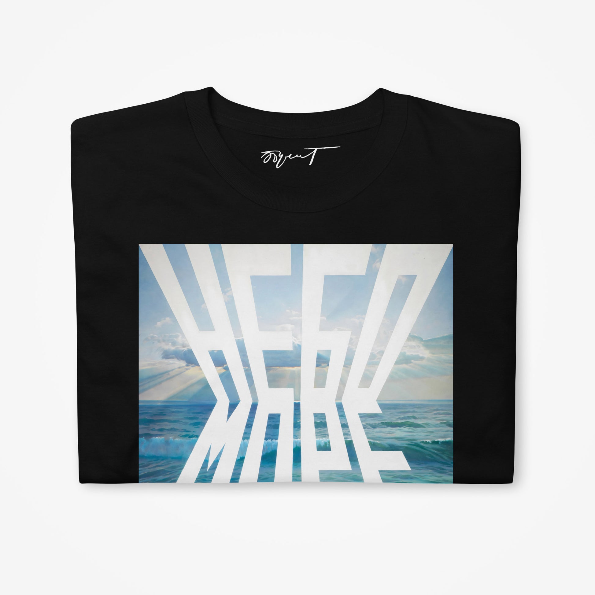 Folded black T-shirt displaying Erik Bulatov's Sky and Sea artwork and premium branding