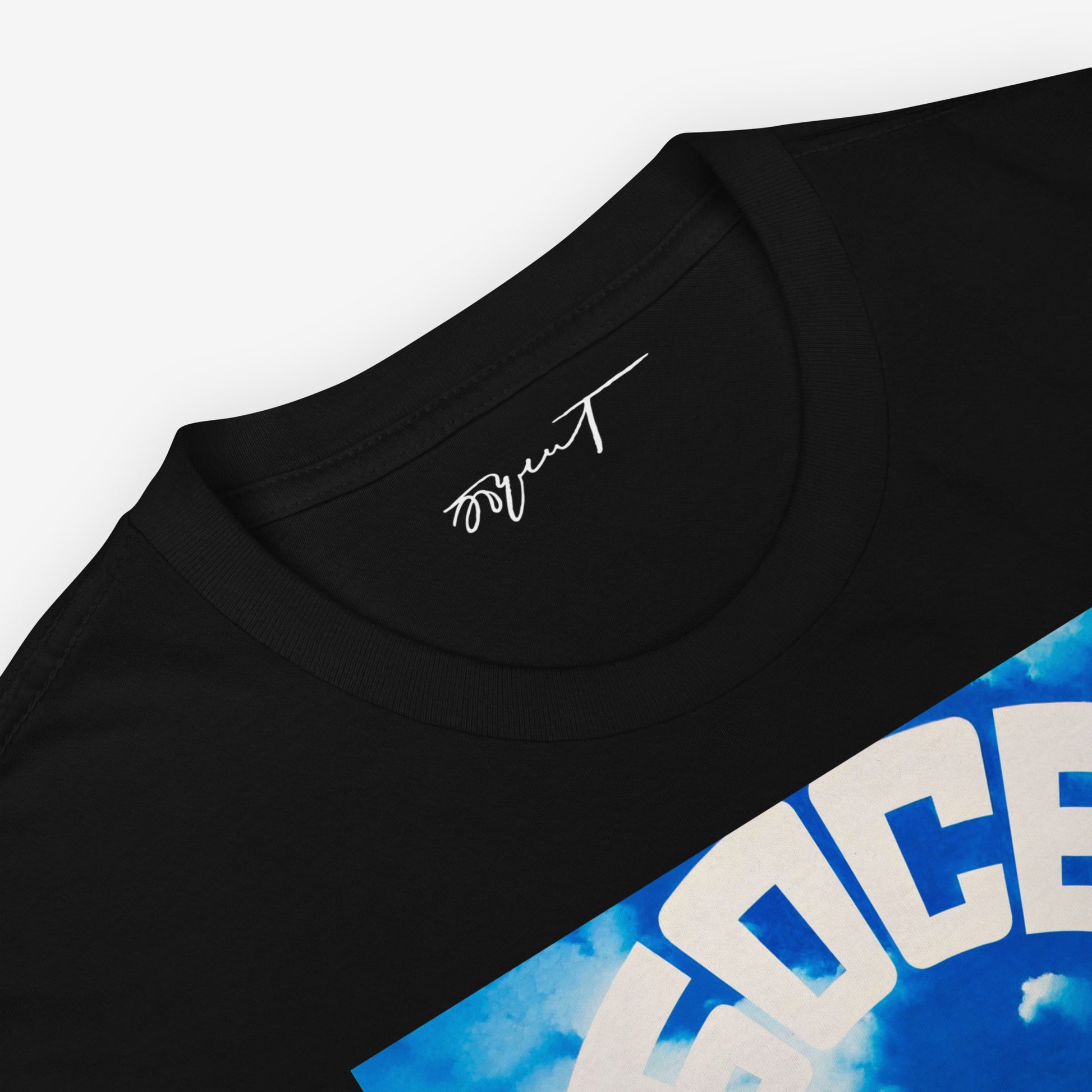 Close-up of Erik Bulatov’s Небосвод (Sky/Firmament) artwork on a black T-shirt, showcasing the design's atmospheric qualities