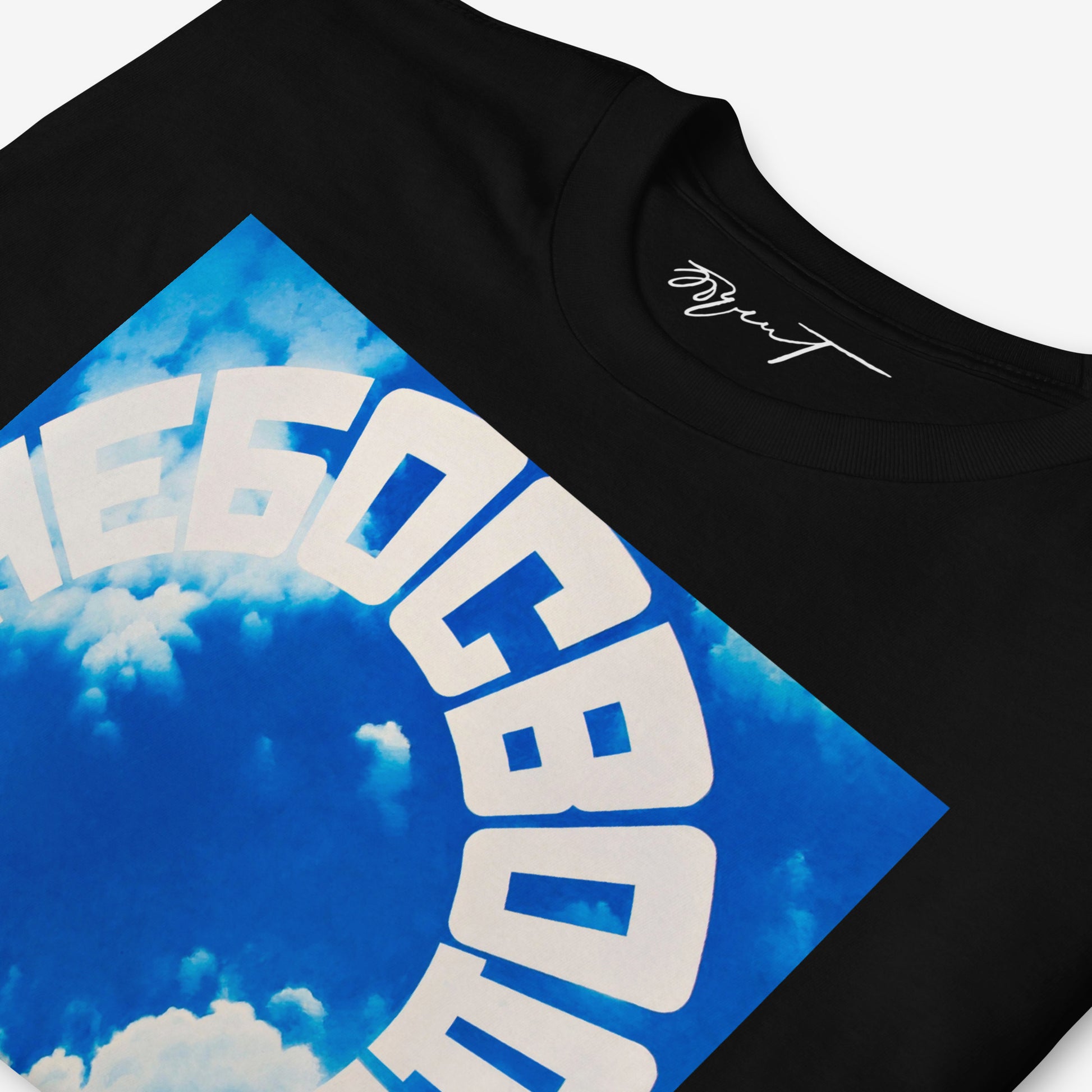 Premium neck label of a black T-shirt featuring Soviet Visual branding for authenticity