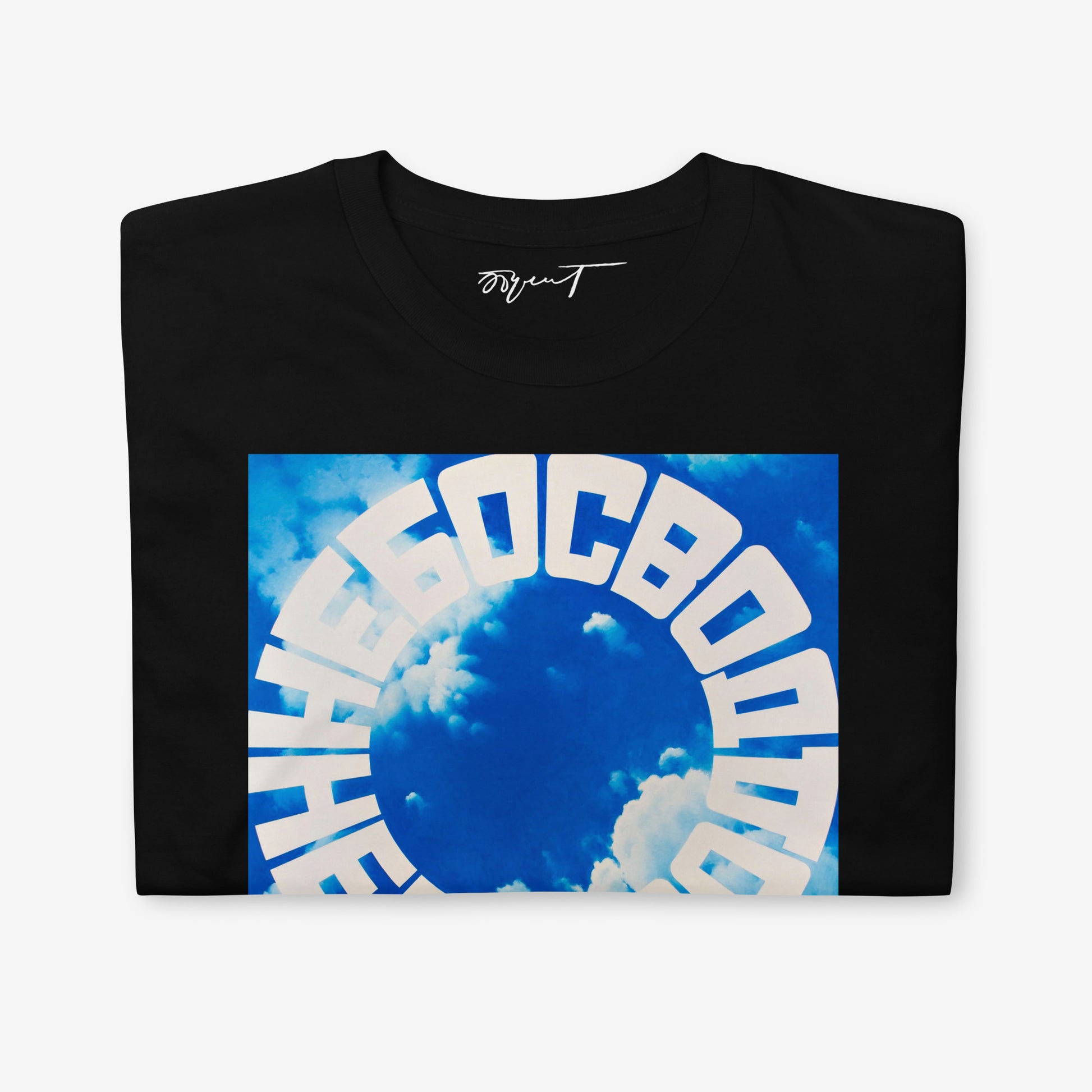 Folded black T-shirt displaying Erik Bulatov’s Небосвод (Sky/Firmament) artwork and premium neck label branding