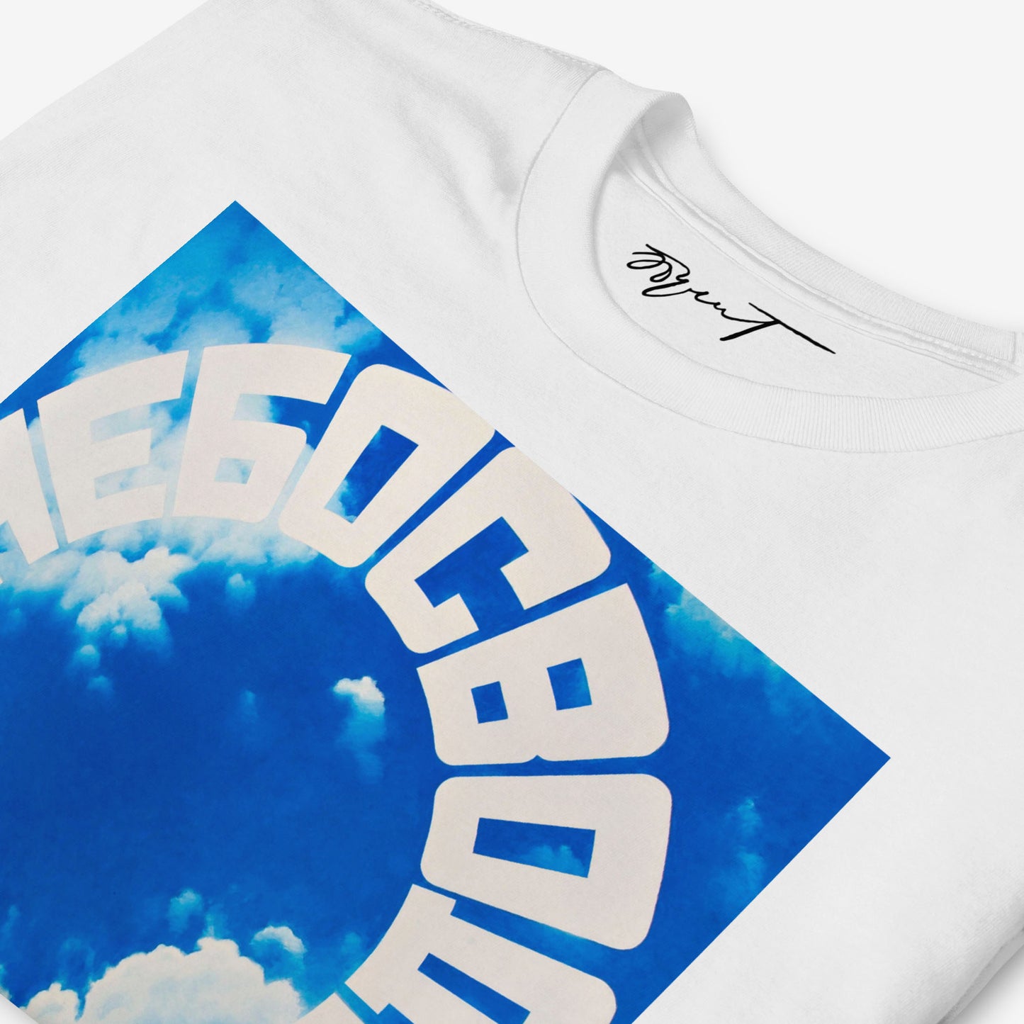 Close-up of Erik Bulatov’s Небосвод (Sky/Firmament) artwork printed on a white T-shirt, highlighting surreal elements of the design