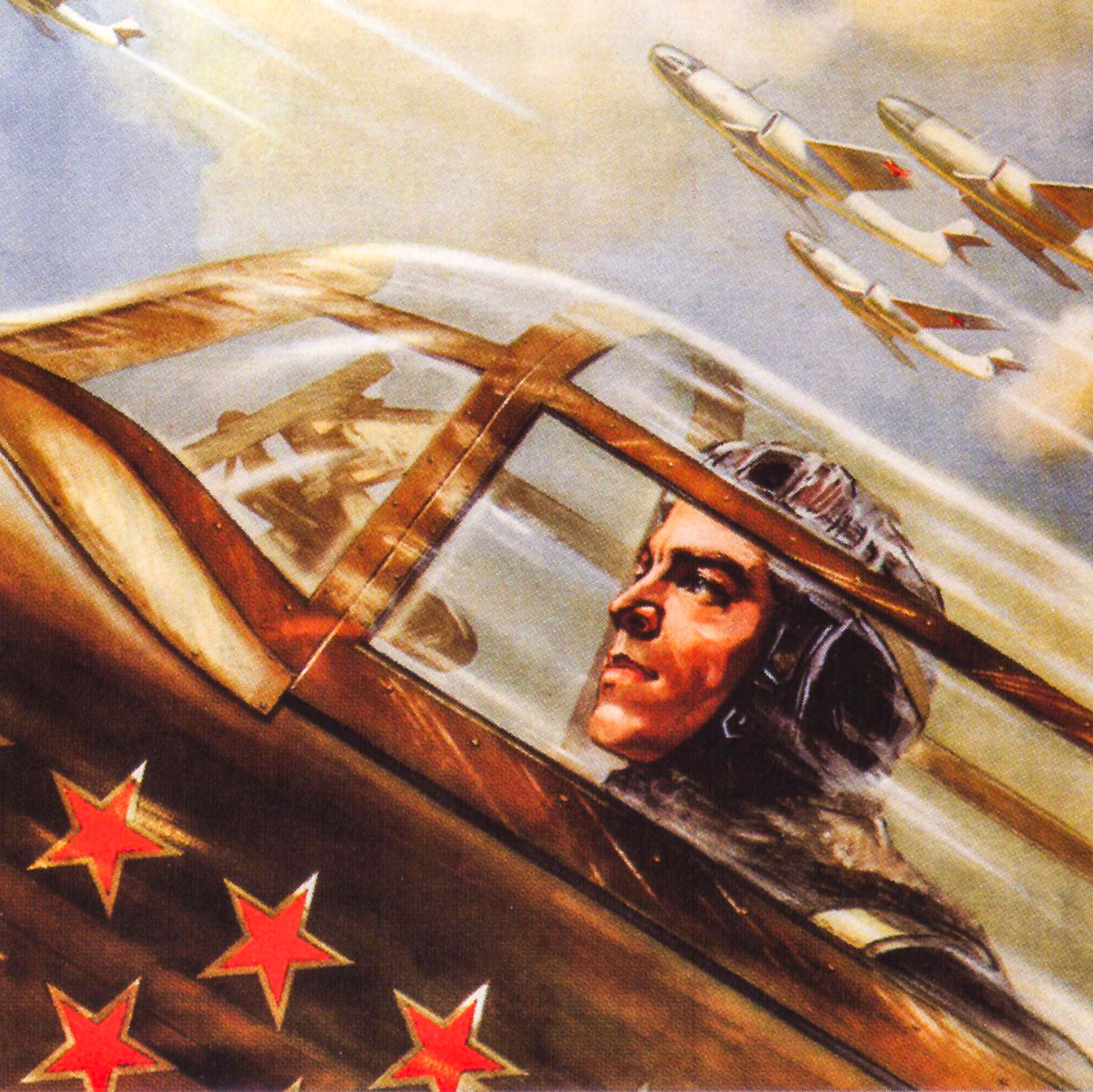Soviet aviation poster "Fly Higher, Further, Faster!" featuring a warplane pilot with aircraft in the background, printed in the highest quality.