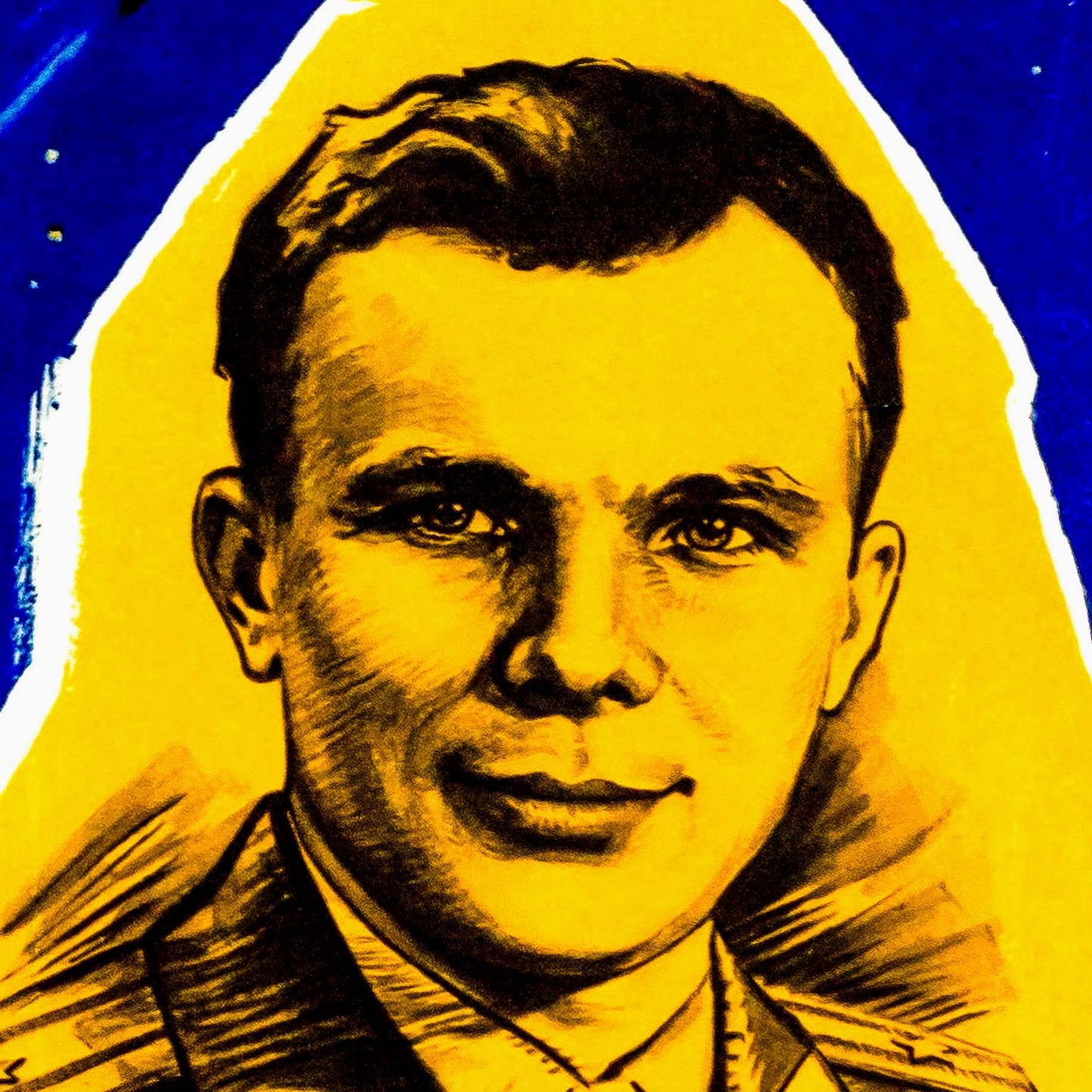 Soviet space poster featuring Yuri Gagarin, a Lenin banner, and a launching rocket with the text "Glory to the Soviet people – the conquerors of space!"