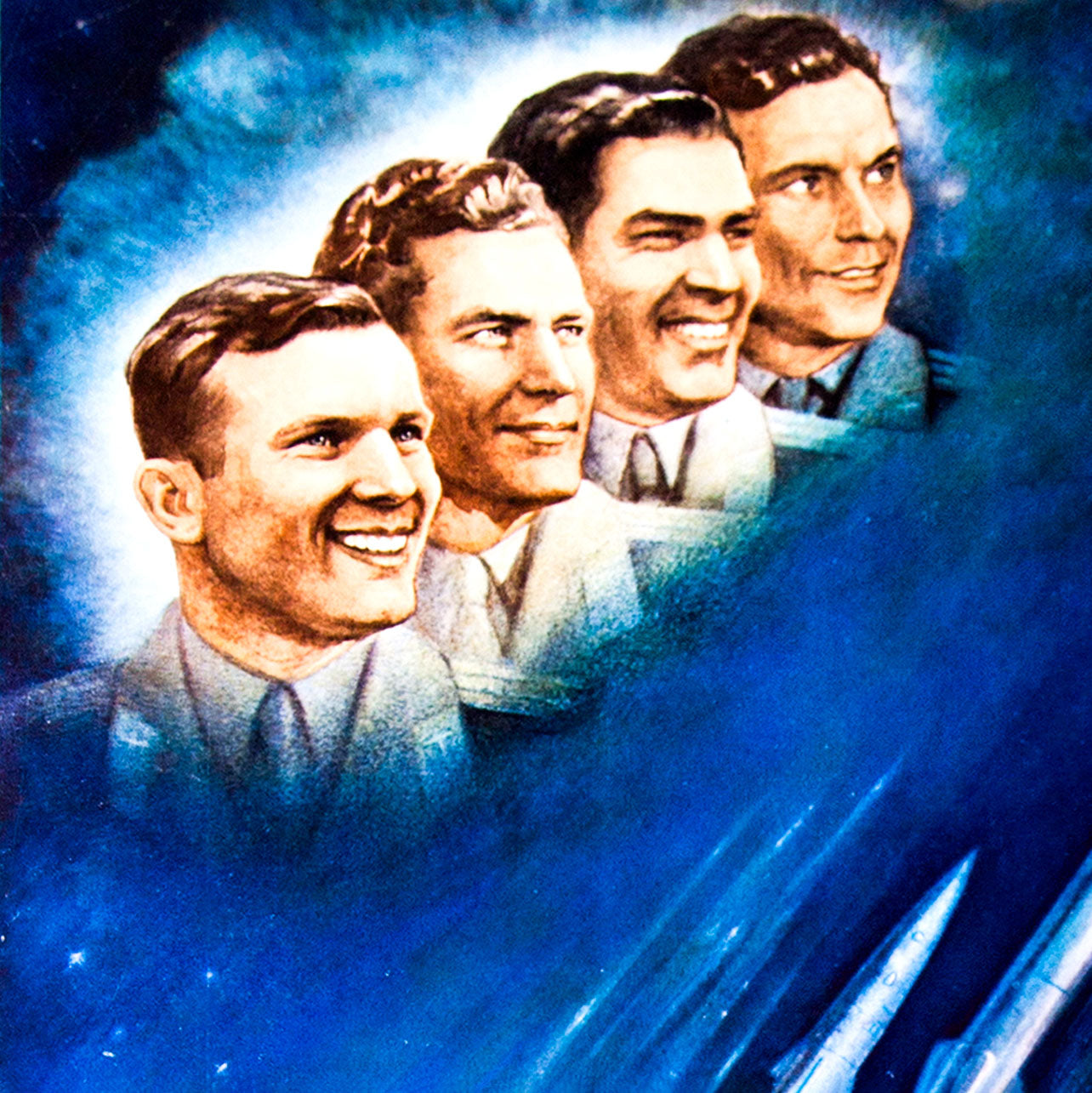 Vintage Soviet space poster featuring cosmonauts Gagarin, Titov, Nikolaev, and Popovich, with deep blue space, Earth, and rockets in the background. High-quality archival print.