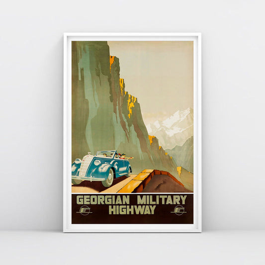 Zhitomirsky Georgian Military Highway poster 1939, Soviet travel art, modernist cliffs and blue car