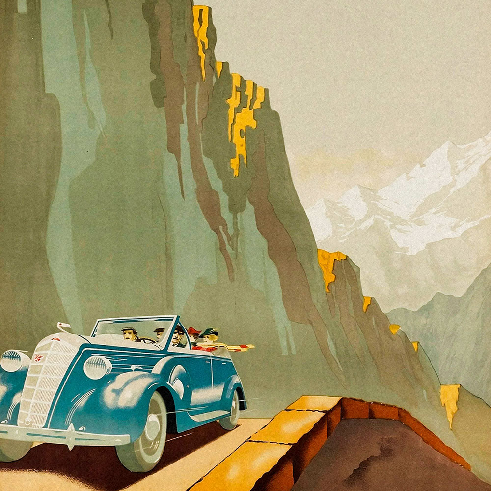 Zhitomirsky Georgian Military Highway poster 1939, Soviet travel art, modernist cliffs and blue car