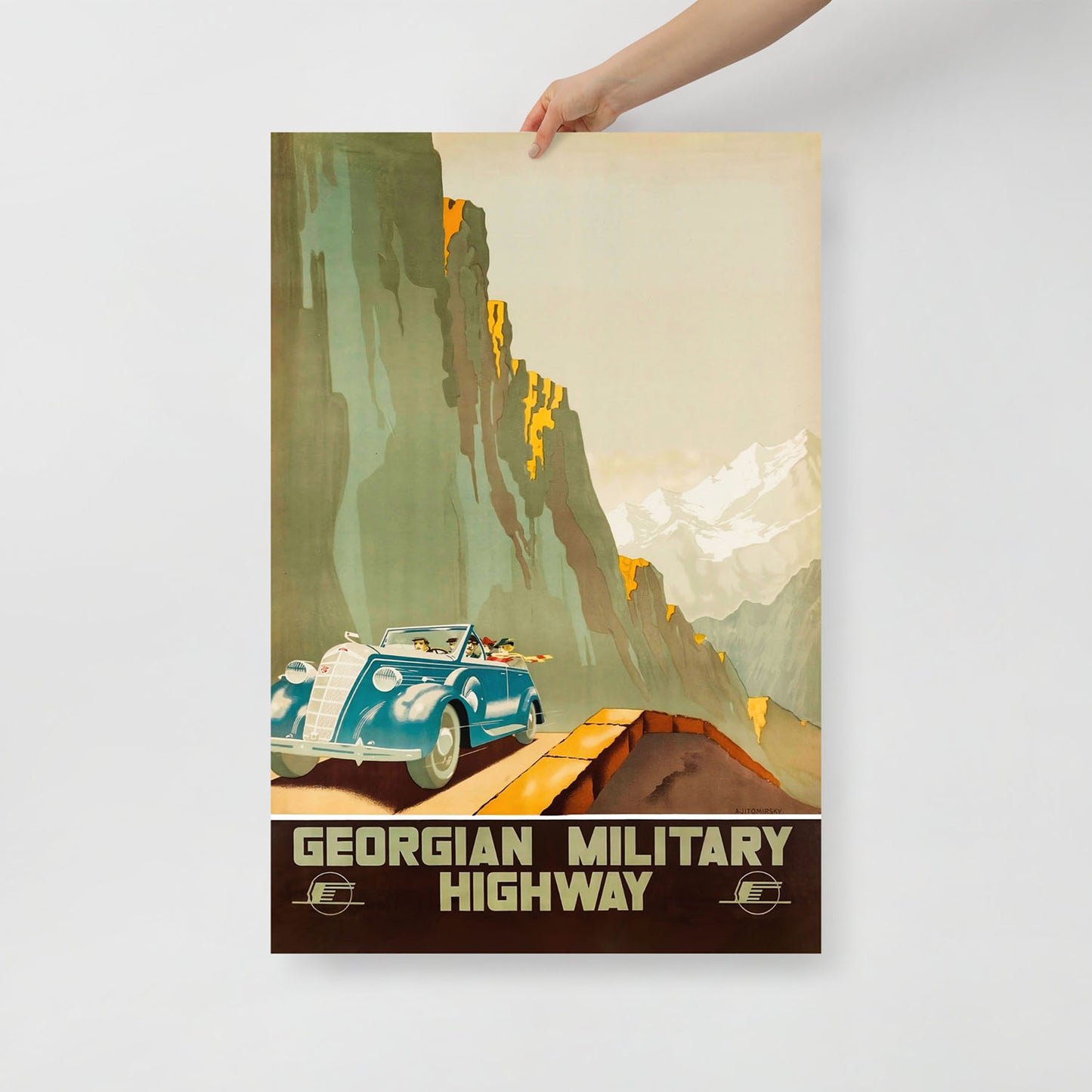 Zhitomirsky Georgian Military Highway poster 1939, Soviet travel art, modernist cliffs and blue car