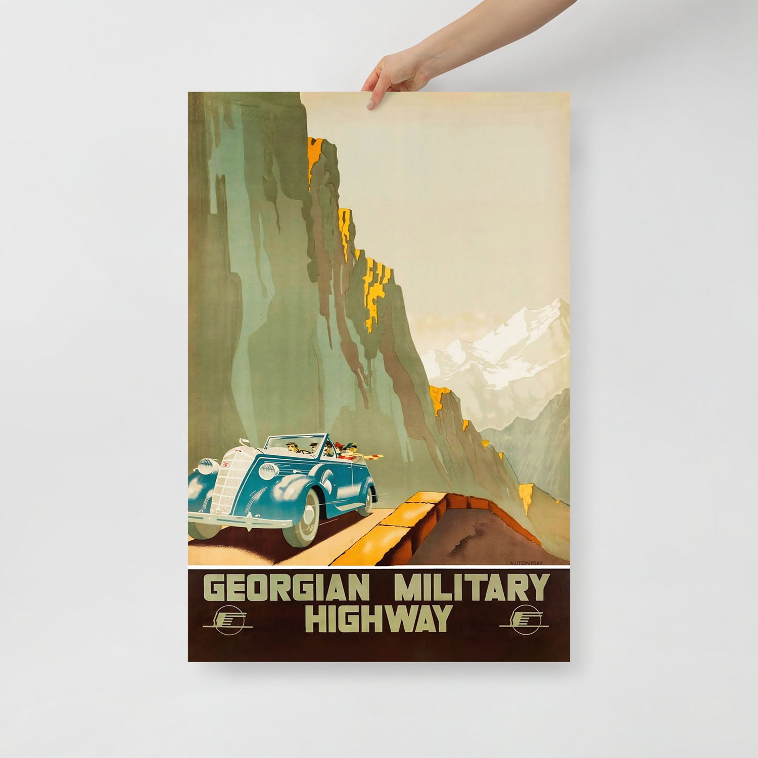 Zhitomirsky Georgian Military Highway poster 1939, Soviet travel art, modernist cliffs and blue car