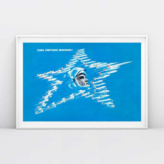 Soviet aviation propaganda poster with military and civil aircraft forming a star and a heroic pilot in a jet helmet.