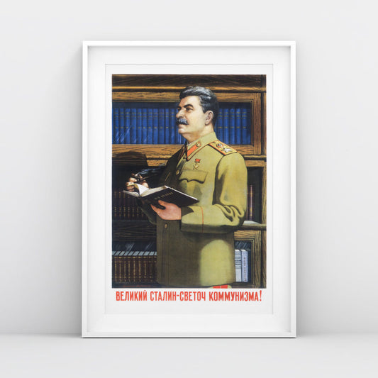 Front view of the large Soviet with Stalin poster, shot in a minimalist setting with natural lighting