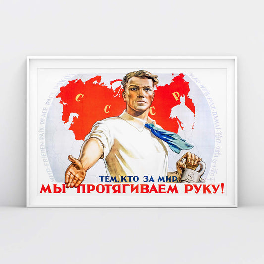 Soviet propaganda poster with a strong worker in a white shirt, standing before an atlas with “Peace” written in 13 languages.