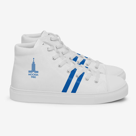 Moscow 1980 Olympic Games high-top shoes with vintage navy graphics on white canvas, featuring the Olympic emblem and retro stripes.