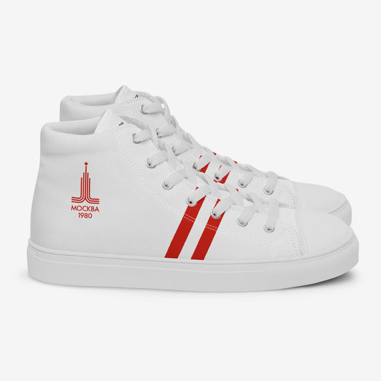 Moscow 1980 Olympic Games high-top shoes with vintage red graphics on white canvas, featuring the Olympic emblem and retro stripes.