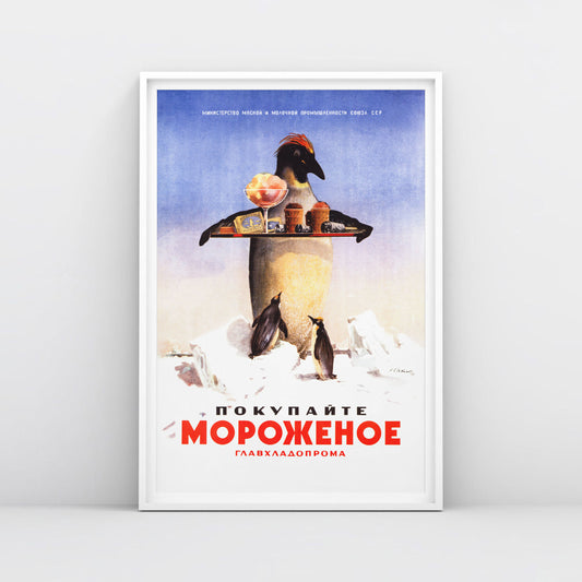 Soviet ice cream advertisement featuring adorable penguins and baby penguins with ice cream, printed in the highest quality.
