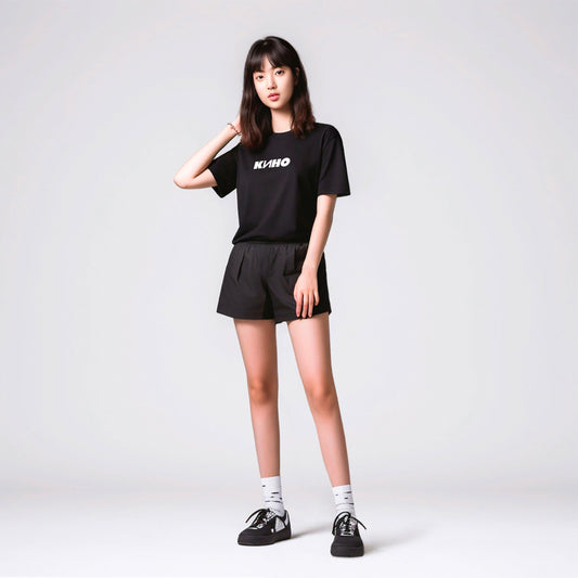Cute korean girl model in short skirt wearing black Viktor Tsoi KINO band unisex T-shirt