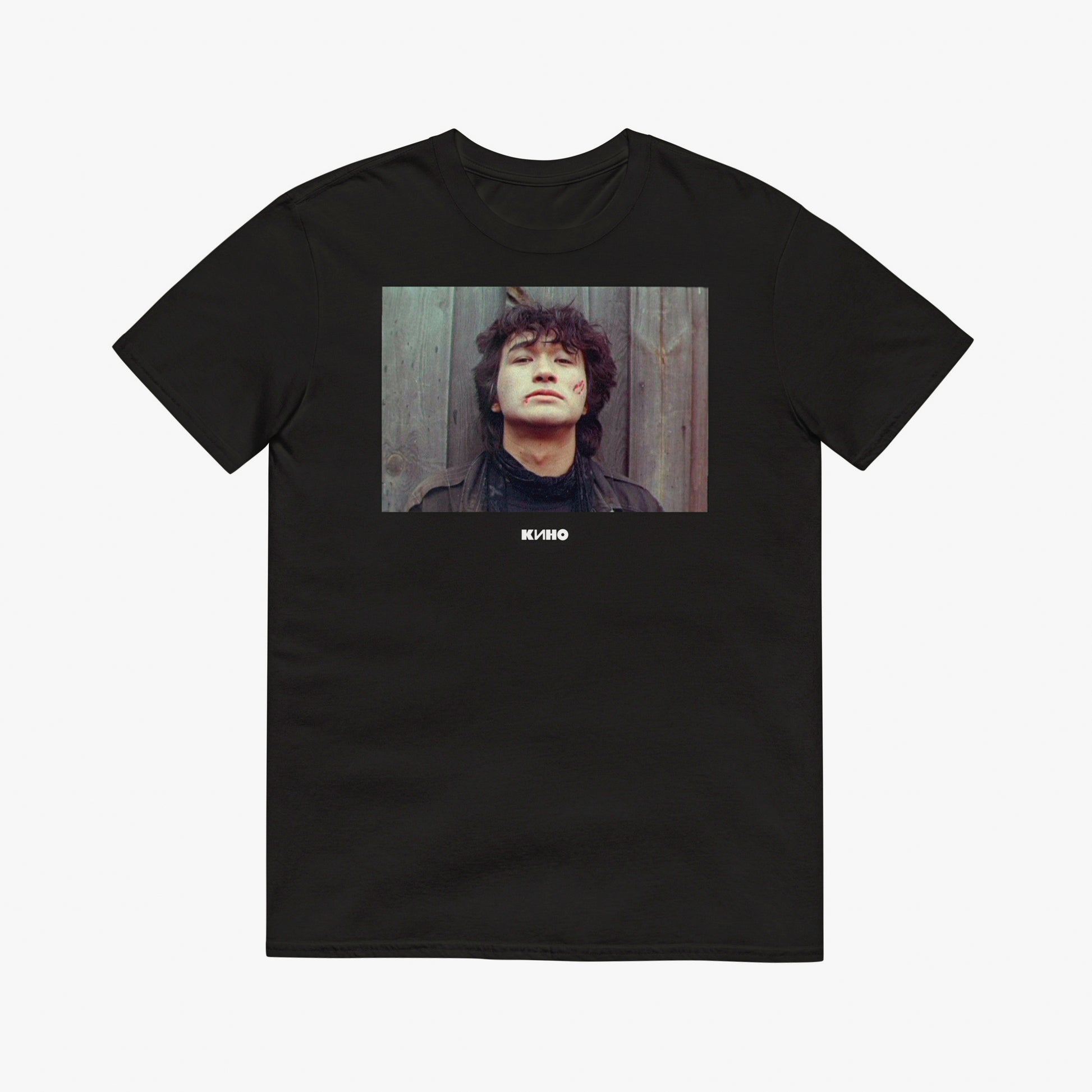 Black vintage T-shirt with Viktor Tsoi photo and Gruppa KINO logo - front