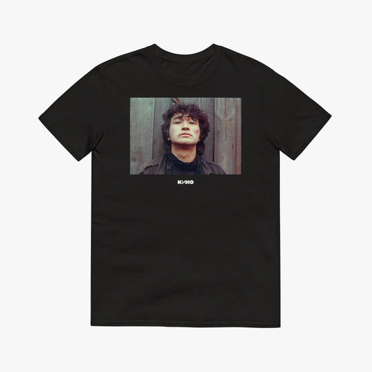 Black vintage T-shirt with Viktor Tsoi photo and Gruppa KINO logo - front