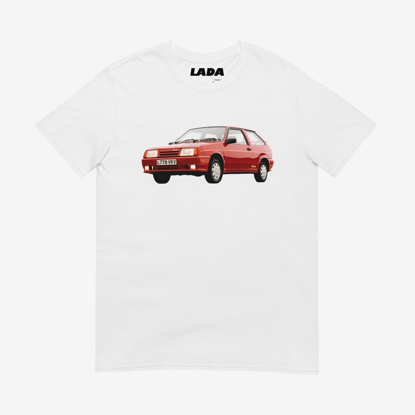 Premium white unisex T-shirt with legendary Soviet red Lada 2108 (VAZ-2108)