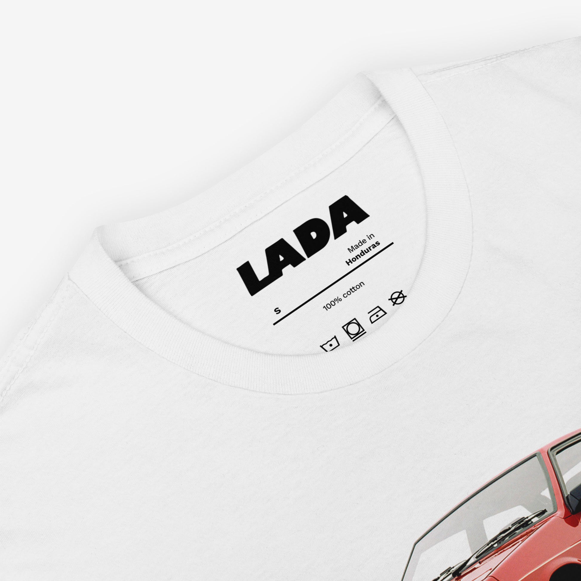 Premium white unisex T-shirt with legendary Soviet red Lada 2108 (VAZ-2108). Inside lable with LADA logo